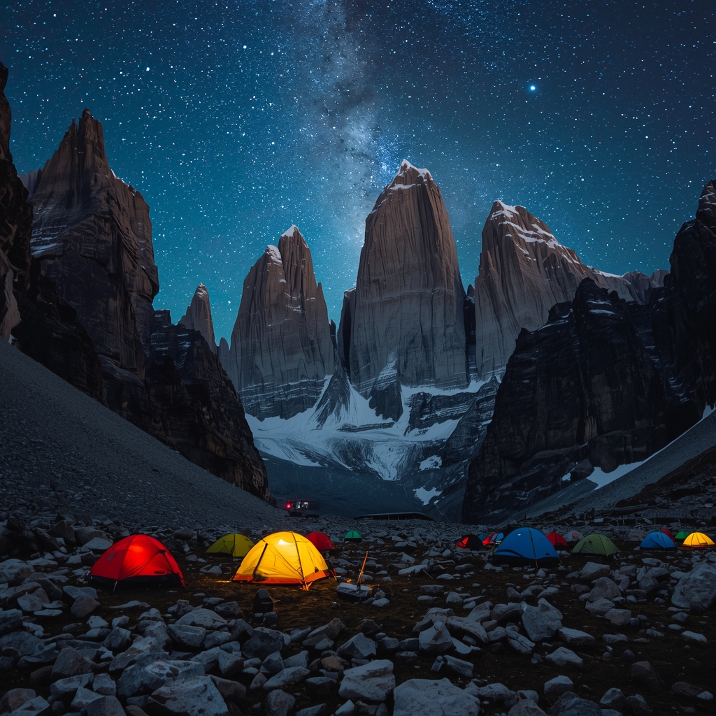 A secluded high-altitude base camp with colorful tents nestled between towering granite peaks under a starry night sky, professional outdoor photography, ultra-detailed